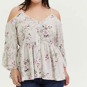 Torrid Gray Purple Pink Floral Ruffle Cold Shoulder Feminine Babydoll Top